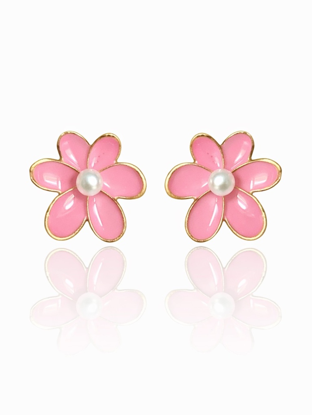 Pink Flower Pearl Center Stud Earrings